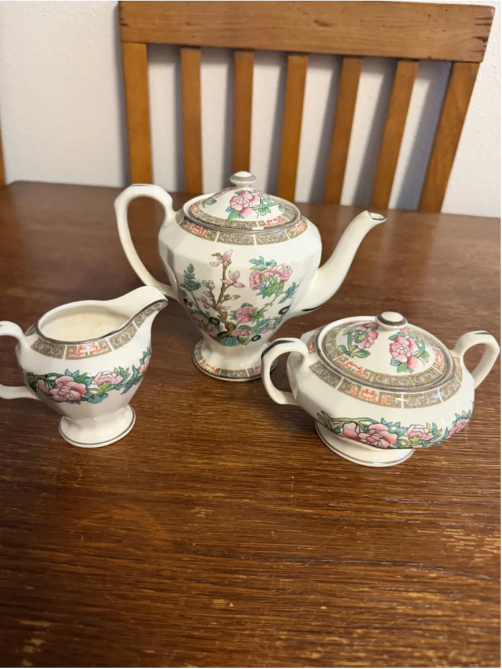 Vintage Wm M Knowles Vitreous China 3 Piece Tea Set Floral Teapot Sugar Bowl Cre